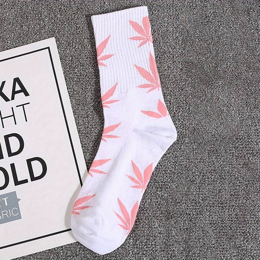 Par de Meias Folhas (Brancas com folhas em rosa) - CBD Portugal - CBDLegalPT